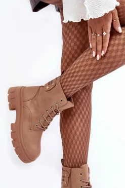 Damskie Workery Botki Sznurowane Na Płaskim Obcasie Beżowe Brenhile