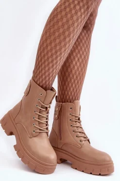Damskie Workery Botki Sznurowane Na Płaskim Obcasie Beżowe Brenhile