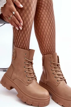 Damskie Workery Botki Sznurowane Na Płaskim Obcasie Beżowe Brenhile