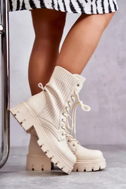 Damskie Workery Botki Ze Skarpetą Beżowe Abigail