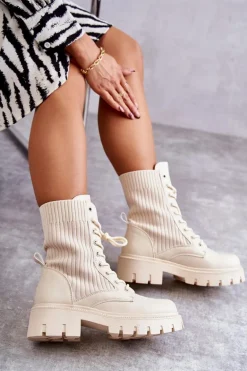 Damskie Workery Botki Ze Skarpetą Beżowe Abigail