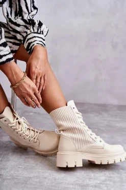 Damskie Workery Botki Ze Skarpetą Beżowe Abigail