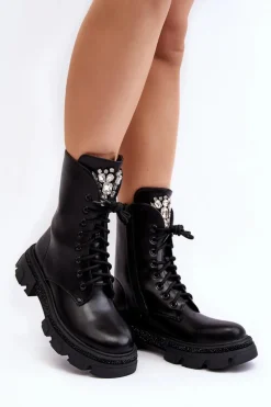 Damskie Workery Botki Ze Zdobieniem Czarne Ventora