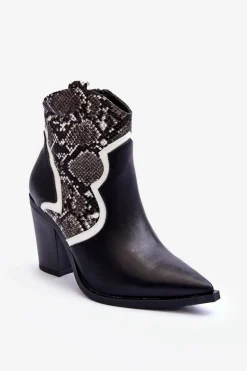 Damskie Wężowe Botki Kowbojki Czarno-Białe Leara