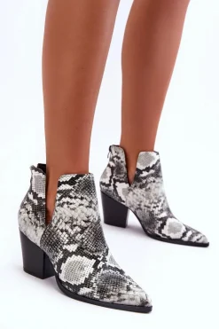 Damskie Wężowe Botki Z Wycięciami Czarno-Białe Caderina