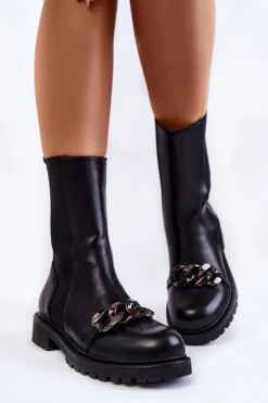 Damskie Wsuwane Botki Z Łańcuchem Czarne Maliya