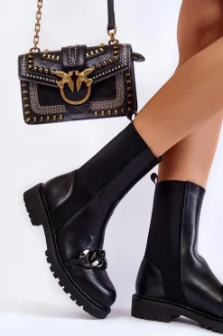Damskie Wsuwane Botki Z Łańcuchem Czarne Maliya