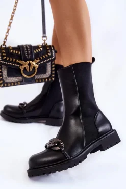 Damskie Wsuwane Botki Z Łańcuchem Czarne Maliya