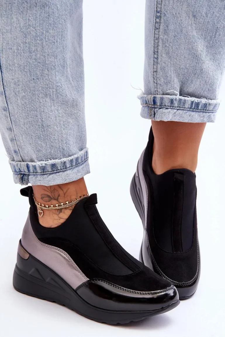 Damskie Wsuwane Buty Sportowe Na Koturnie Czarno-Srebrne Farro