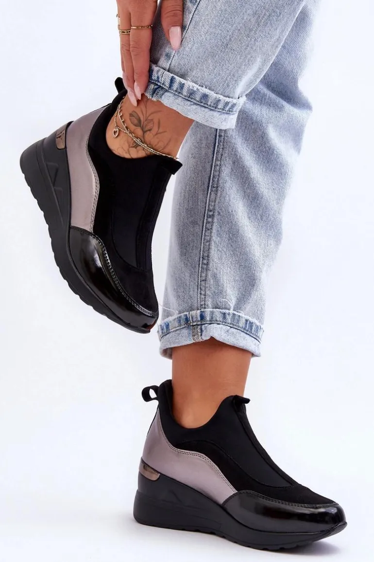 Damskie Wsuwane Buty Sportowe Na Koturnie Czarno-Srebrne Farro