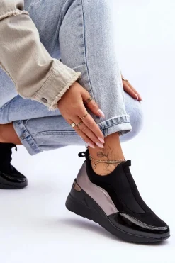 Damskie Wsuwane Buty Sportowe Na Koturnie Czarno-Srebrne Farro