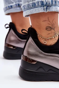 Damskie Wsuwane Buty Sportowe Na Koturnie Czarno-Srebrne Farro