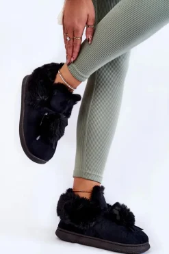 Damskie Wsuwane Futrzane Papcie Z Pomponem Czarne Noemi