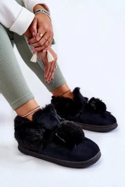 Damskie Wsuwane Futrzane Papcie Z Pomponem Czarne Noemi
