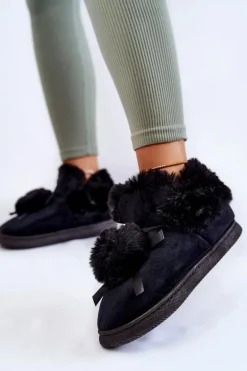 Damskie Wsuwane Futrzane Papcie Z Pomponem Czarne Noemi