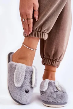 Damskie Wsuwane Futrzane Papcie Szare Remmi