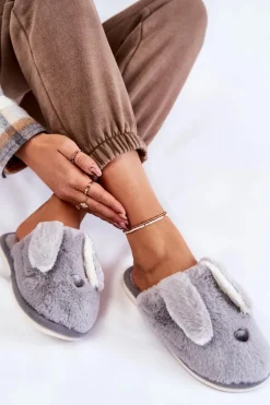 Damskie Wsuwane Futrzane Papcie Szare Remmi