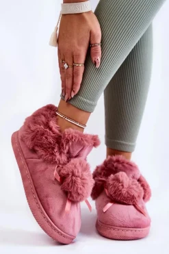 Damskie Wsuwane Futrzane Papcie Z Pomponem Różowe Noemi
