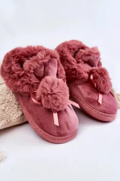Damskie Wsuwane Futrzane Papcie Z Pomponem Różowe Noemi