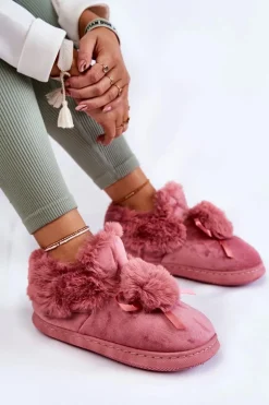 Damskie Wsuwane Futrzane Papcie Z Pomponem Różowe Noemi