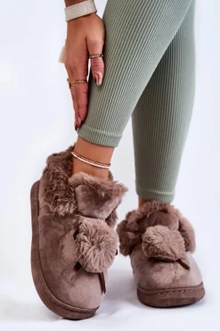 Damskie Wsuwane Futrzane Papcie Z Pomponem Brązowe Noemi