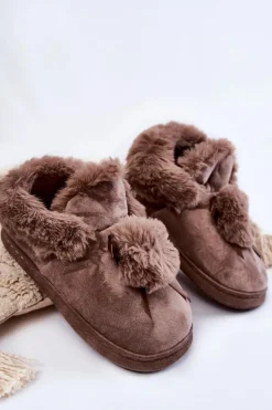 Damskie Wsuwane Futrzane Papcie Z Pomponem Brązowe Noemi