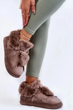 Damskie Wsuwane Futrzane Papcie Z Pomponem Brązowe Noemi