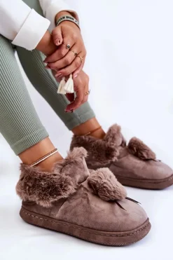Damskie Wsuwane Futrzane Papcie Z Pomponem Brązowe Noemi