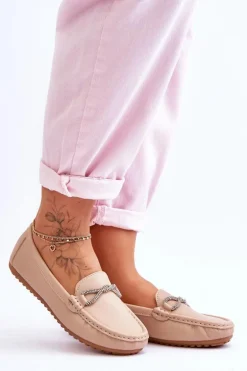 Damskie Wsuwane Mokasyny Z Błyszczącą Ozdobą Beżowe This Moment