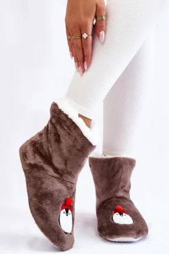 Damskie Wsuwane Ocieplane Papcie Z Pingwinami Ciemnoszare