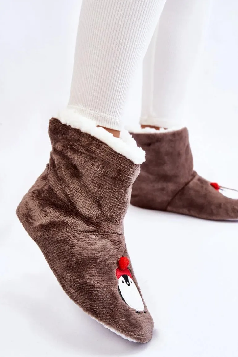 Damskie Wsuwane Ocieplane Papcie Z Pingwinami Ciemnoszare