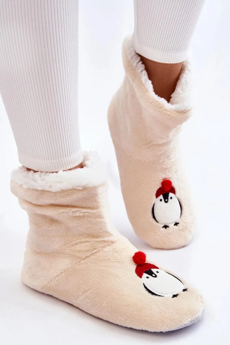 Damskie Wsuwane Ocieplane Papcie Z Pingwinami Kremowe