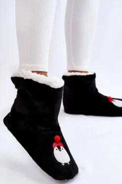 Damskie Wsuwane Ocieplane Papcie Z Pingwinami Czarne