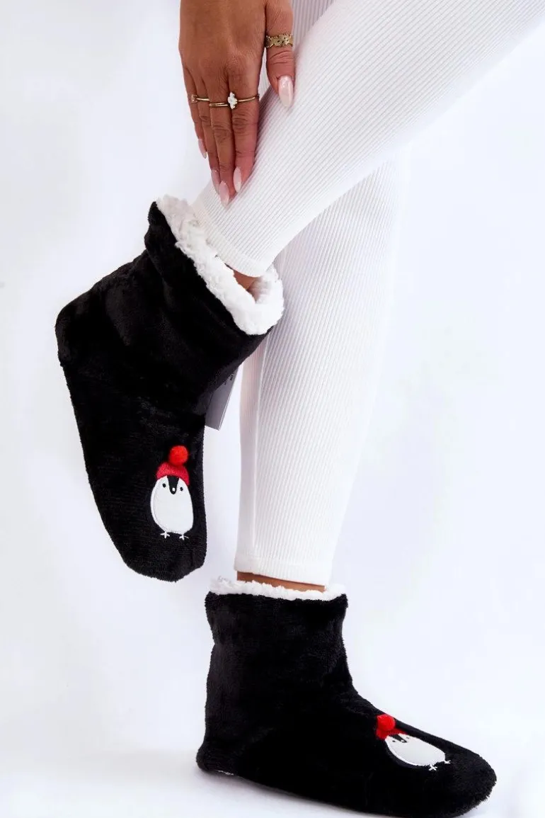 Damskie Wsuwane Ocieplane Papcie Z Pingwinami Czarne