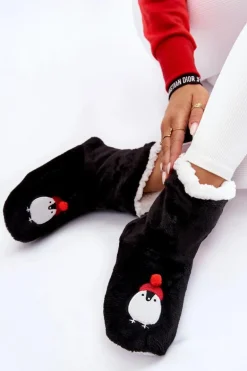 Damskie Wsuwane Ocieplane Papcie Z Pingwinami Czarne