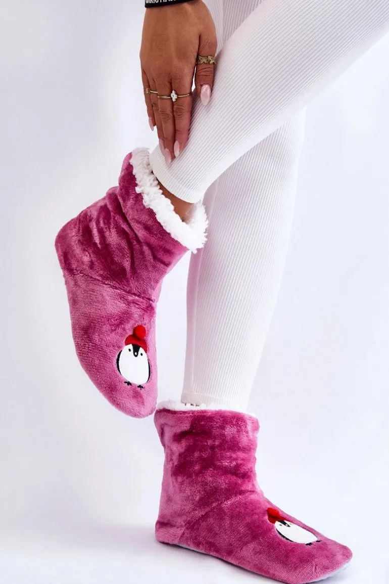 Damskie Wsuwane Ocieplane Papcie Z Pingwinami Fioletowe