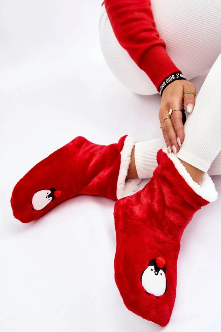 Damskie Wsuwane Ocieplane Papcie Z Pingwinami Czerwone