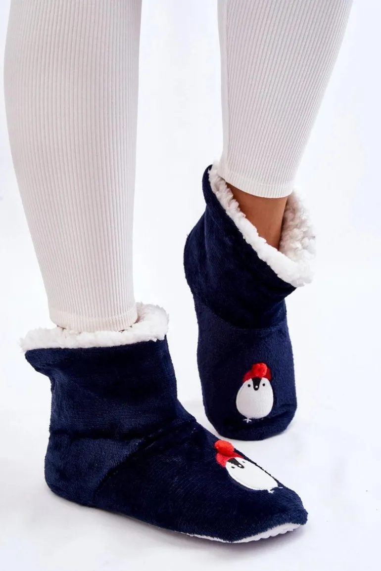 Damskie Wsuwane Ocieplane Papcie Z Pingwinami Granatowe