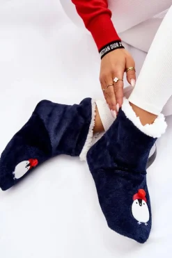 Damskie Wsuwane Ocieplane Papcie Z Pingwinami Granatowe