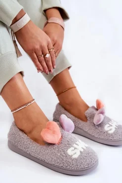 Damskie Wsuwane Papcie Z Sercami Szare Alasca