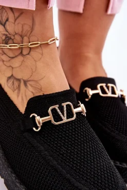 Damskie Wsuwane Tenisówki Slip-On Z Ozdobą Czarne Alena