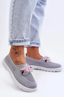 Damskie Wsuwane Tenisówki Z Kamieniami Szare Simple