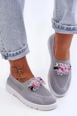 Damskie Wsuwane Tenisówki Z Kamieniami Szare Simple