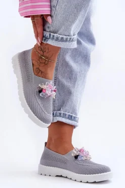 Damskie Wsuwane Tenisówki Z Kamieniami Szare Simple