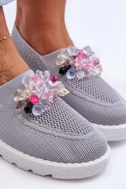 Damskie Wsuwane Tenisówki Z Kamieniami Szare Simple