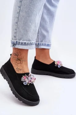 Damskie Wsuwane Tenisówki Z Kamieniami Czarne Simple