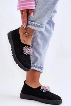 Damskie Wsuwane Tenisówki Z Kamieniami Czarne Simple