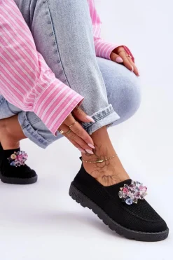 Damskie Wsuwane Tenisówki Z Kamieniami Czarne Simple