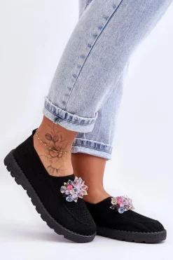 Damskie Wsuwane Tenisówki Z Kamieniami Czarne Simple