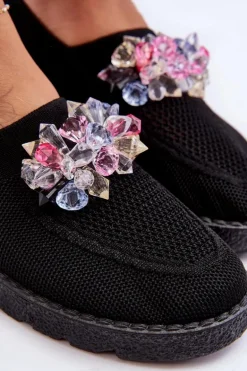 Damskie Wsuwane Tenisówki Z Kamieniami Czarne Simple